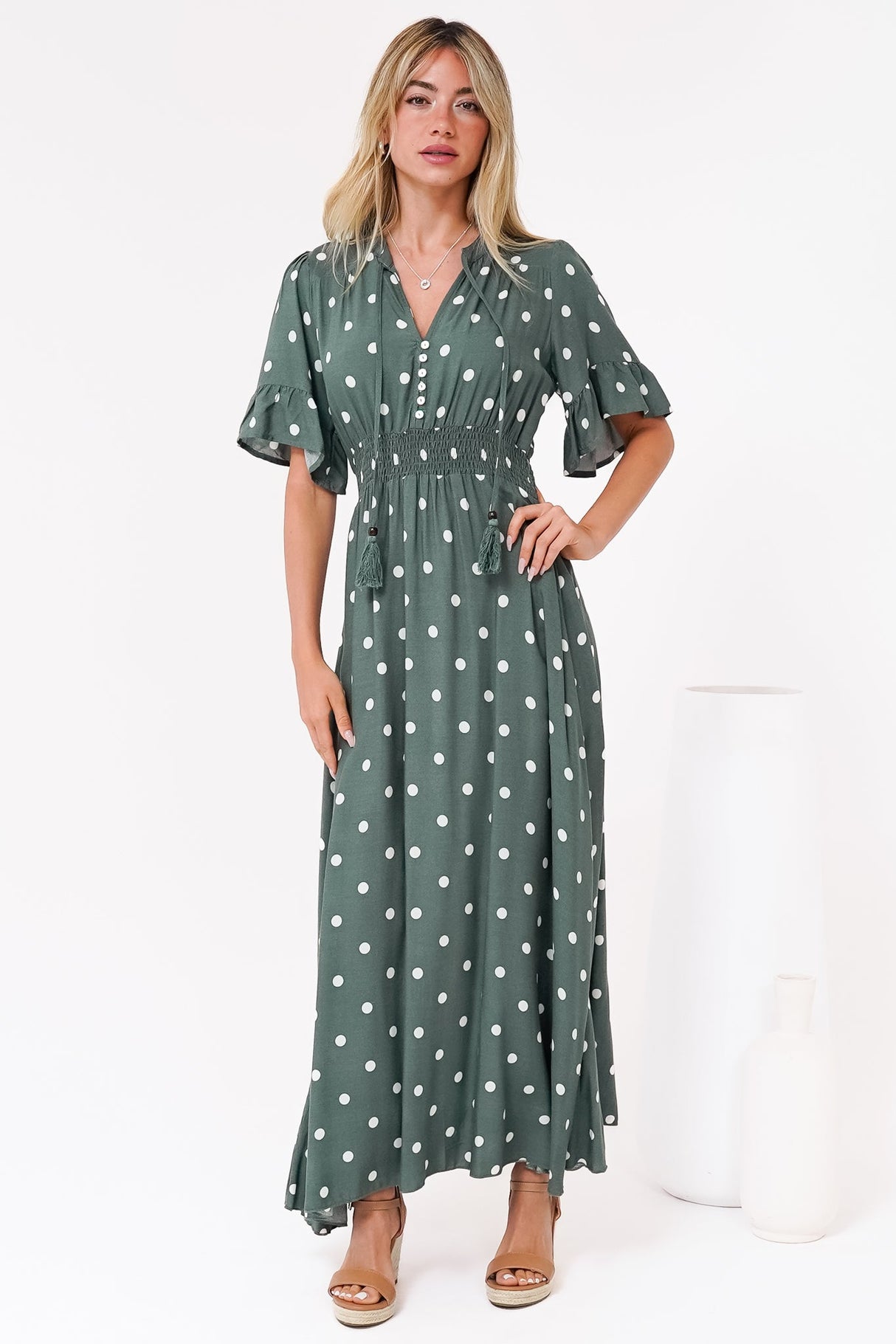 Jemina Maxi Dress - V-Neck Elasticated Waist A-Line Dress in Parisian Polka Print Khaki