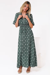 Jemina Maxi Dress - V-Neck Elasticated Waist A-Line Dress in Parisian Polka Print Khaki