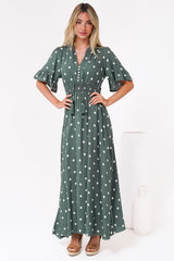 Jemina Maxi Dress - V-Neck Elasticated Waist A-Line Dress in Parisian Polka Print Khaki