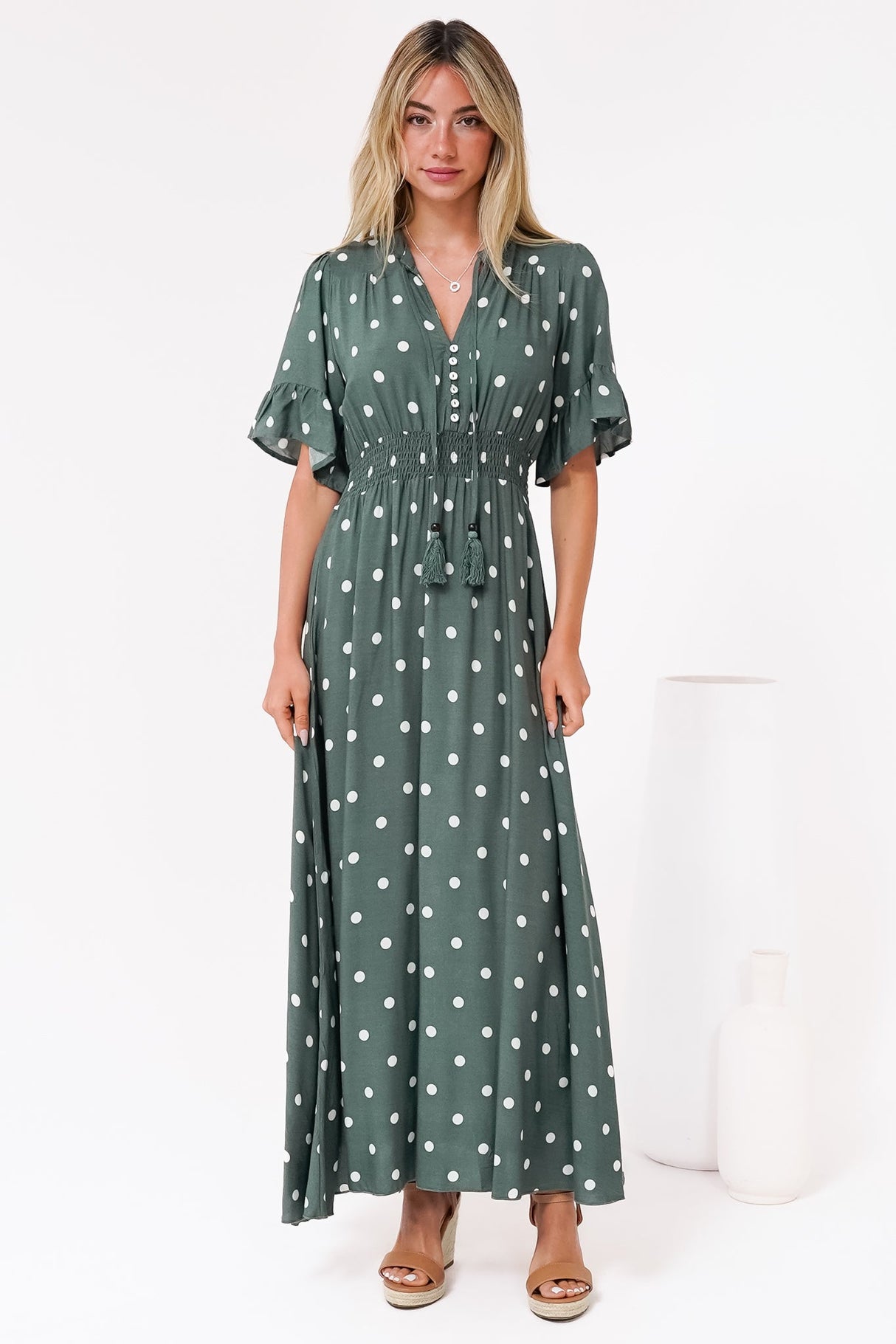 Jemina Maxi Dress - V-Neck Elasticated Waist A-Line Dress in Parisian Polka Print Khaki