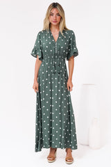 Jemina Maxi Dress - V-Neck Elasticated Waist A-Line Dress in Parisian Polka Print Khaki