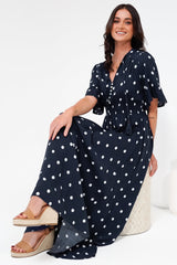 Jemina Maxi Dress - V-Neck Elasticated Waist A-Line Dress in Parisian Polka Print Navy