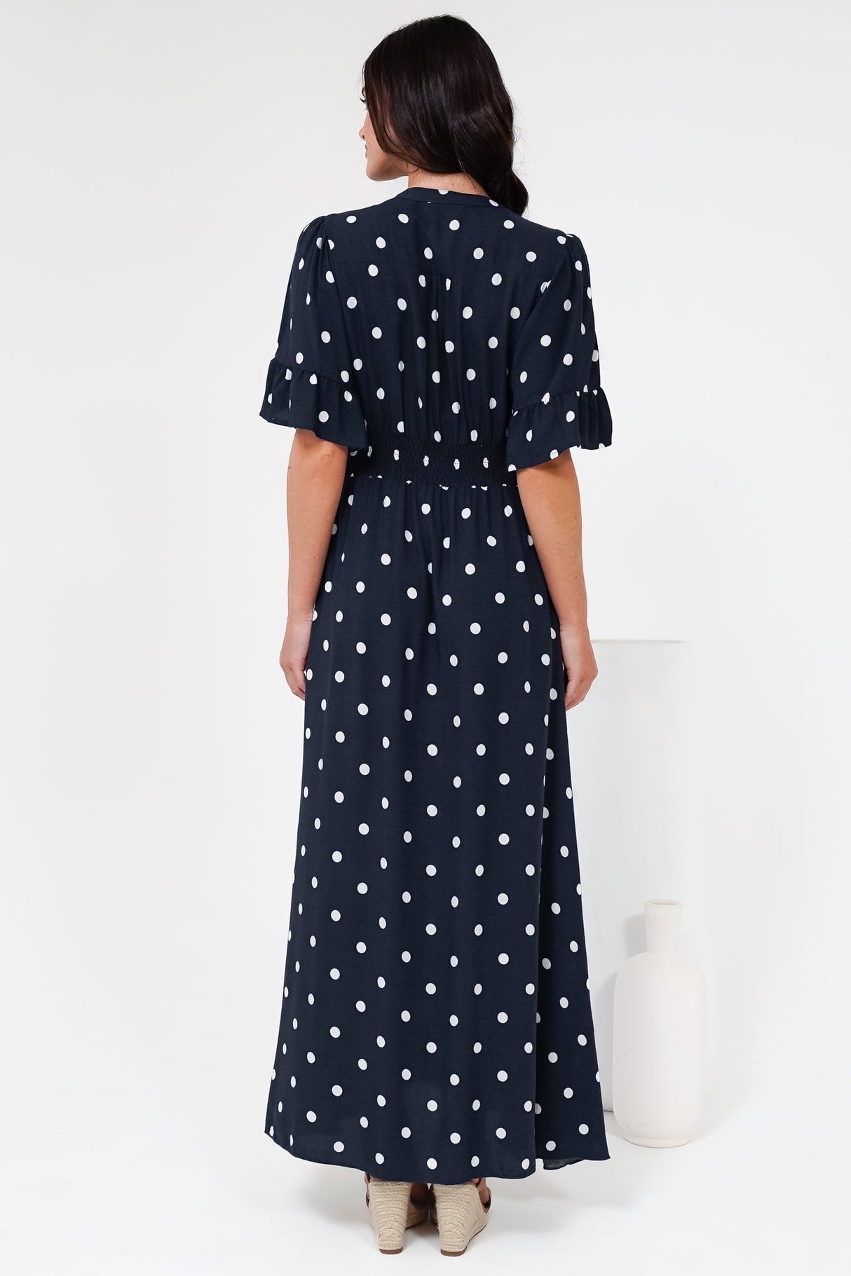 Jemina Maxi Dress - V-Neck Elasticated Waist A-Line Dress in Parisian Polka Print Navy