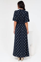 Jemina Maxi Dress - V-Neck Elasticated Waist A-Line Dress in Parisian Polka Print Navy
