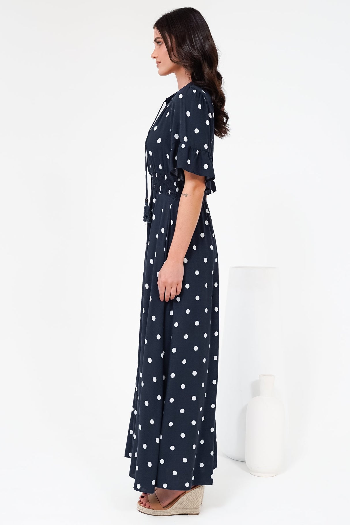 Jemina Maxi Dress - V-Neck Elasticated Waist A-Line Dress in Parisian Polka Print Navy