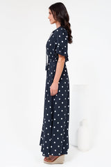 Jemina Maxi Dress - V-Neck Elasticated Waist A-Line Dress in Parisian Polka Print Navy