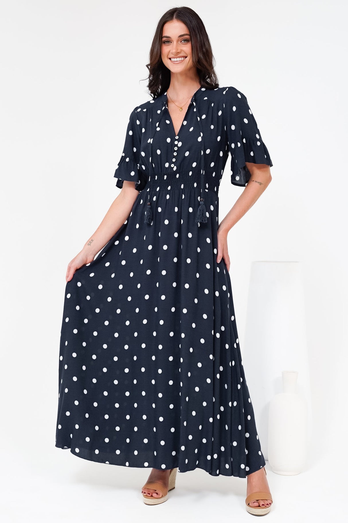 Jemina Maxi Dress - V-Neck Elasticated Waist A-Line Dress in Parisian Polka Print Navy