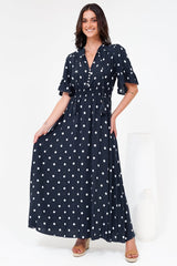 Jemina Maxi Dress - V-Neck Elasticated Waist A-Line Dress in Parisian Polka Print Navy