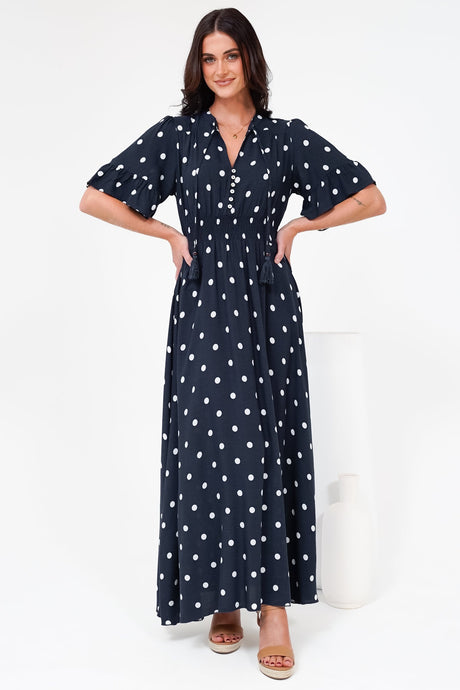 Jemina Maxi Dress - V-Neck Elasticated Waist A-Line Dress in Parisian Polka Print Navy