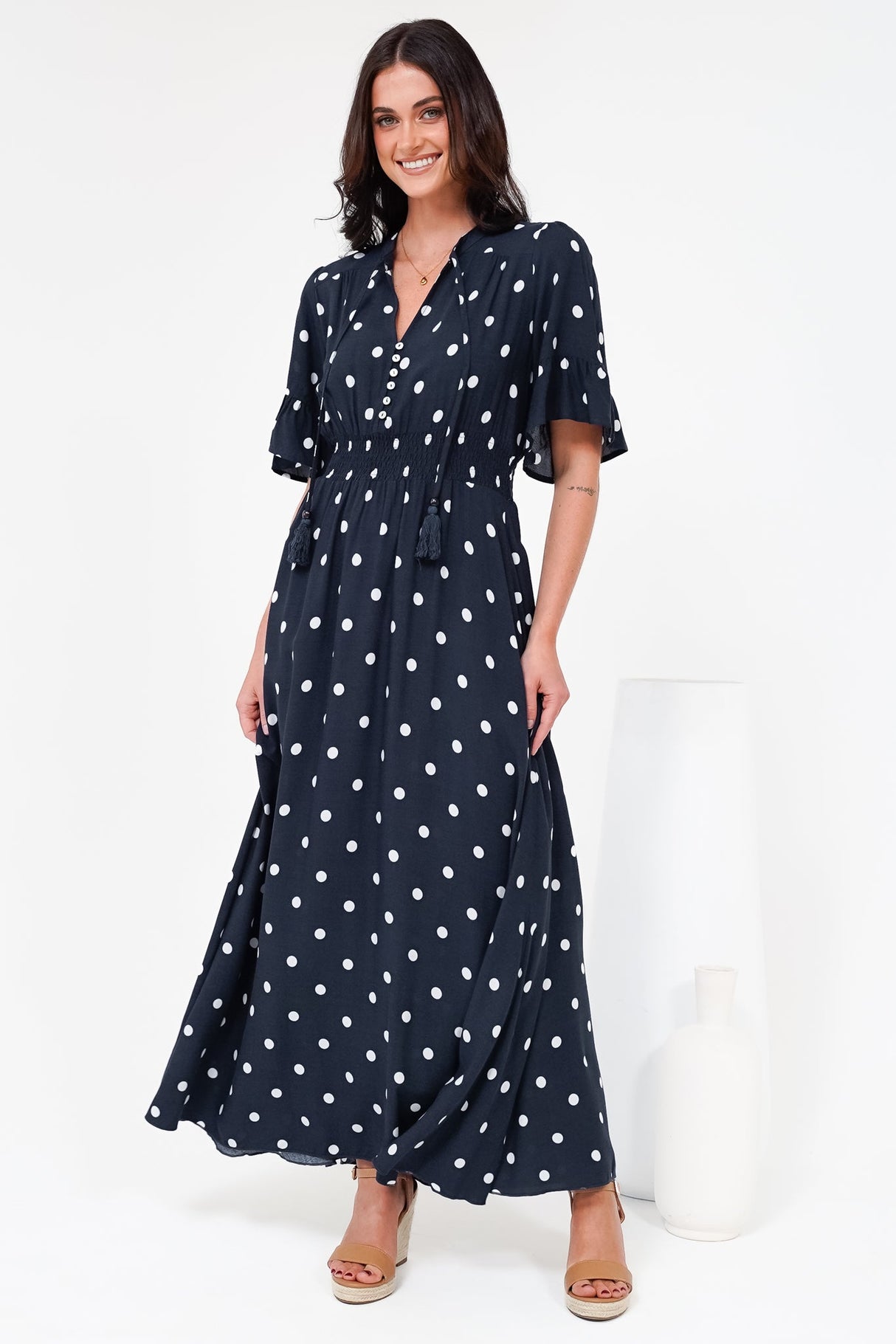 Jemina Maxi Dress - V-Neck Elasticated Waist A-Line Dress in Parisian Polka Print Navy