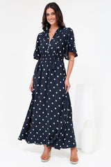 Jemina Maxi Dress - V-Neck Elasticated Waist A-Line Dress in Parisian Polka Print Navy