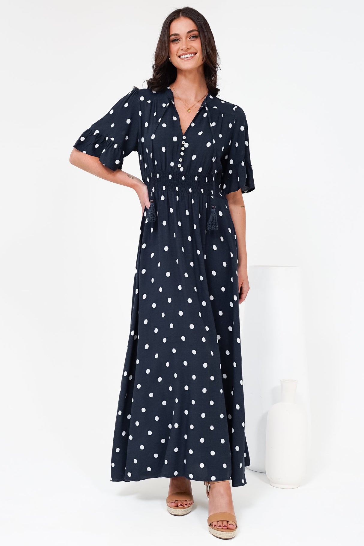Jemina Maxi Dress - V-Neck Elasticated Waist A-Line Dress in Parisian Polka Print Navy