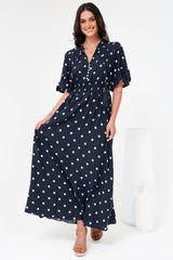 Jemina Maxi Dress - V-Neck Elasticated Waist A-Line Dress in Parisian Polka Print Navy