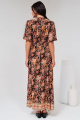 Jemina Maxi Dress - V-Neck Elasticated Waist A-Line Dress in Pree Print Black