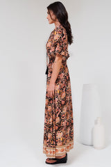 Jemina Maxi Dress - V-Neck Elasticated Waist A-Line Dress in Pree Print Black