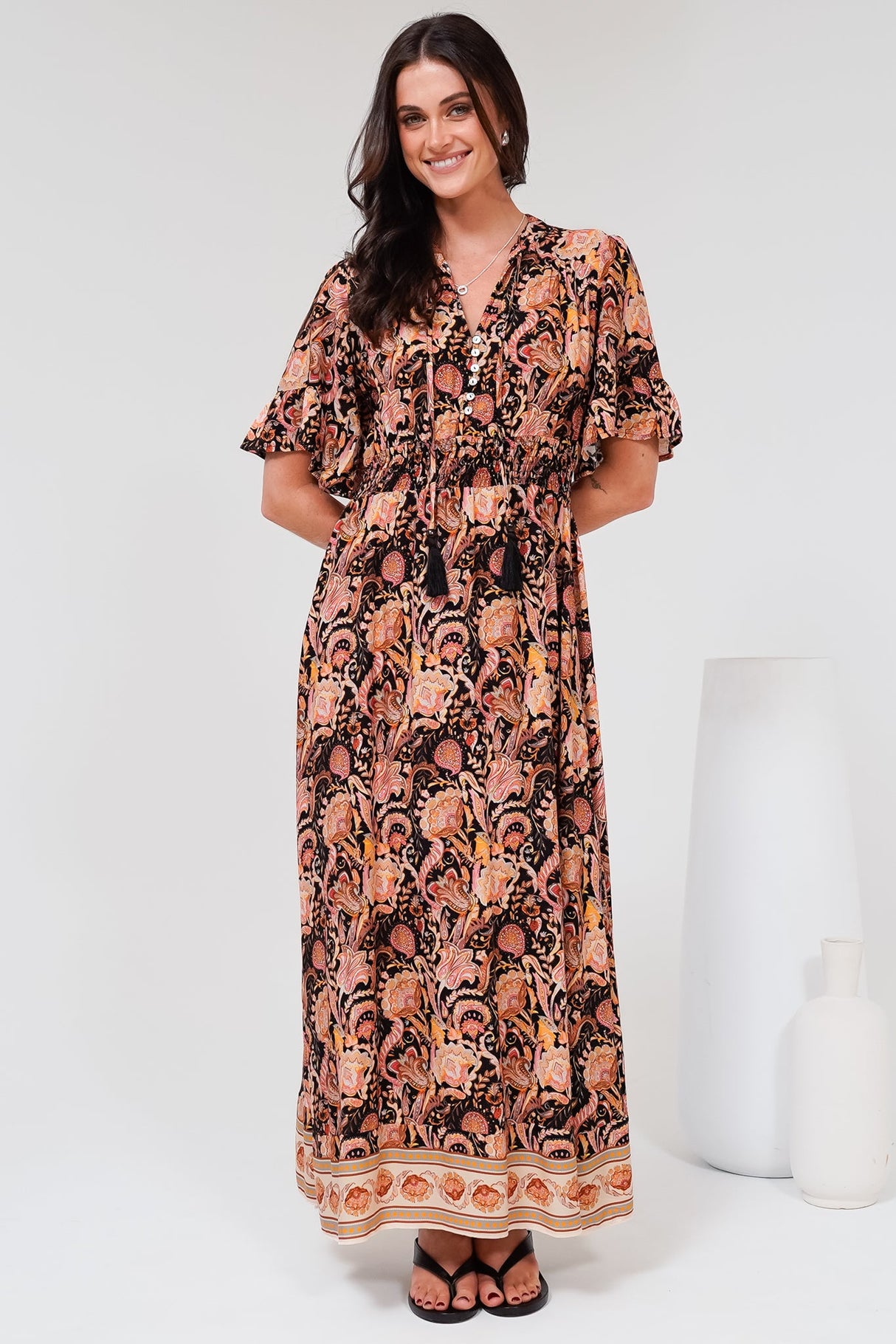 Jemina Maxi Dress - V-Neck Elasticated Waist A-Line Dress in Pree Print Black