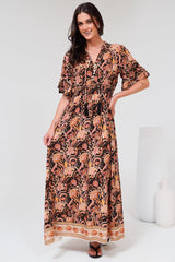 Jemina Maxi Dress - V-Neck Elasticated Waist A-Line Dress in Pree Print Black