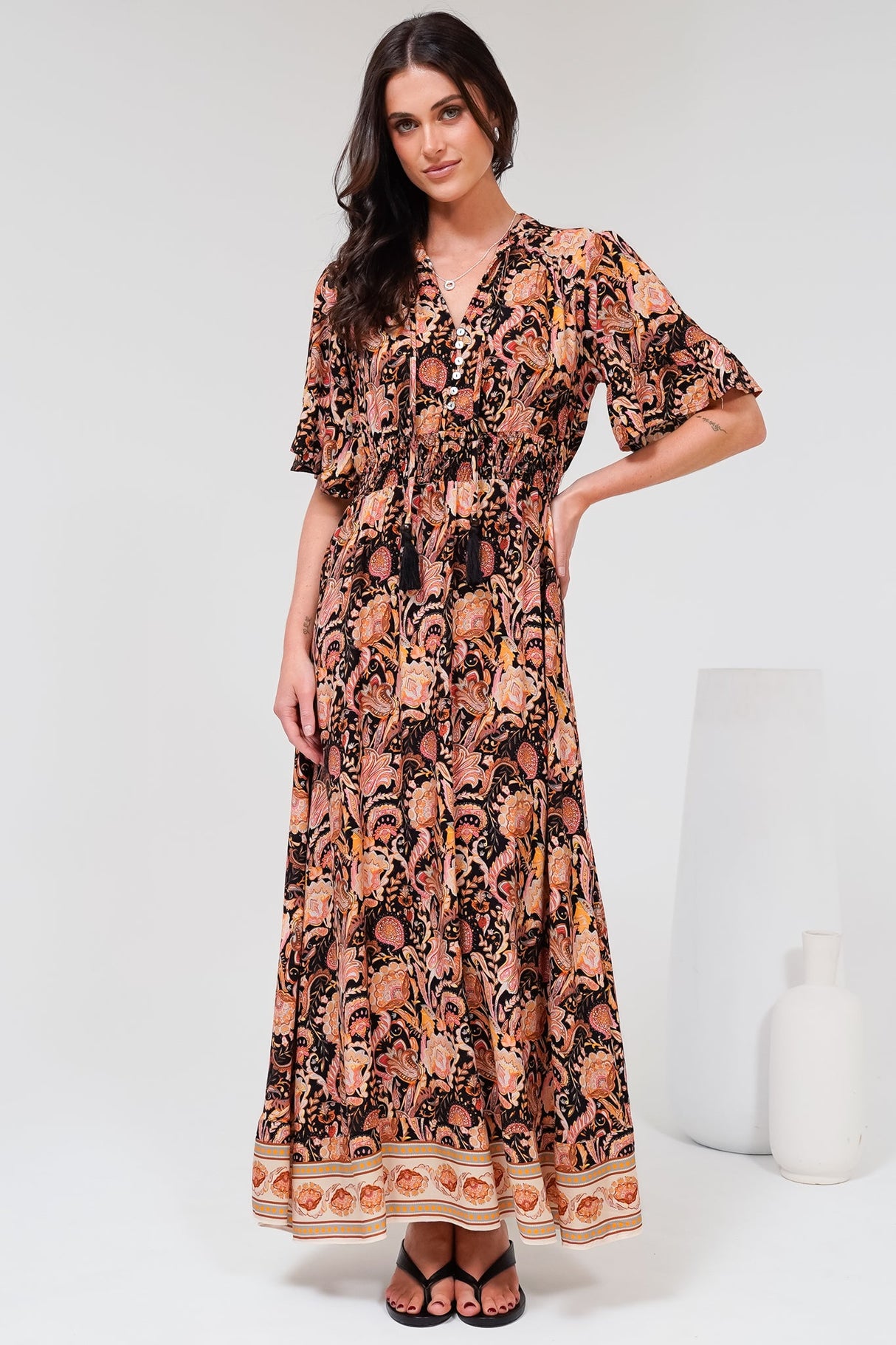 Jemina Maxi Dress - V-Neck Elasticated Waist A-Line Dress in Pree Print Black