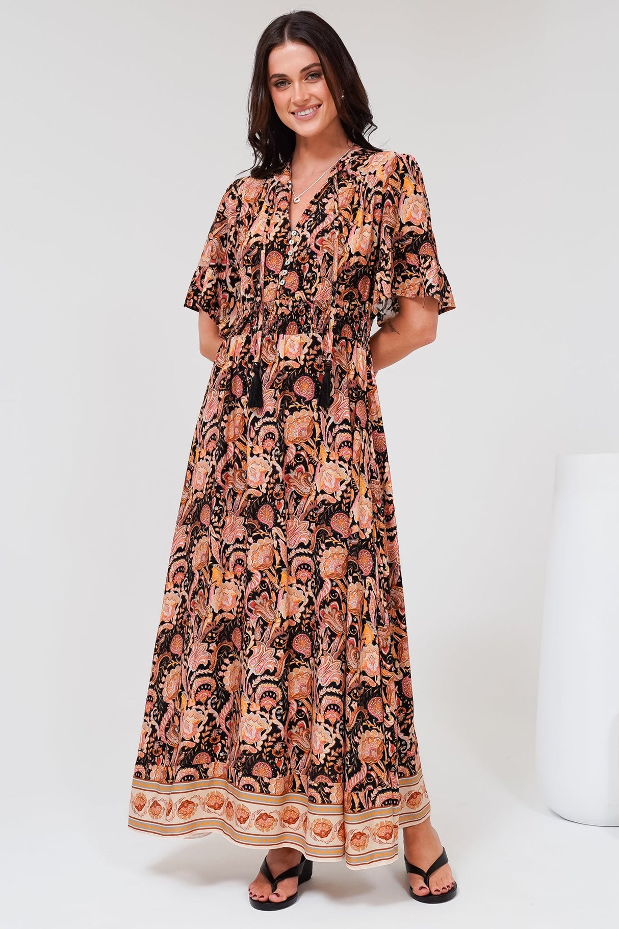 Jemina Maxi Dress - V-Neck Elasticated Waist A-Line Dress in Pree Print Black