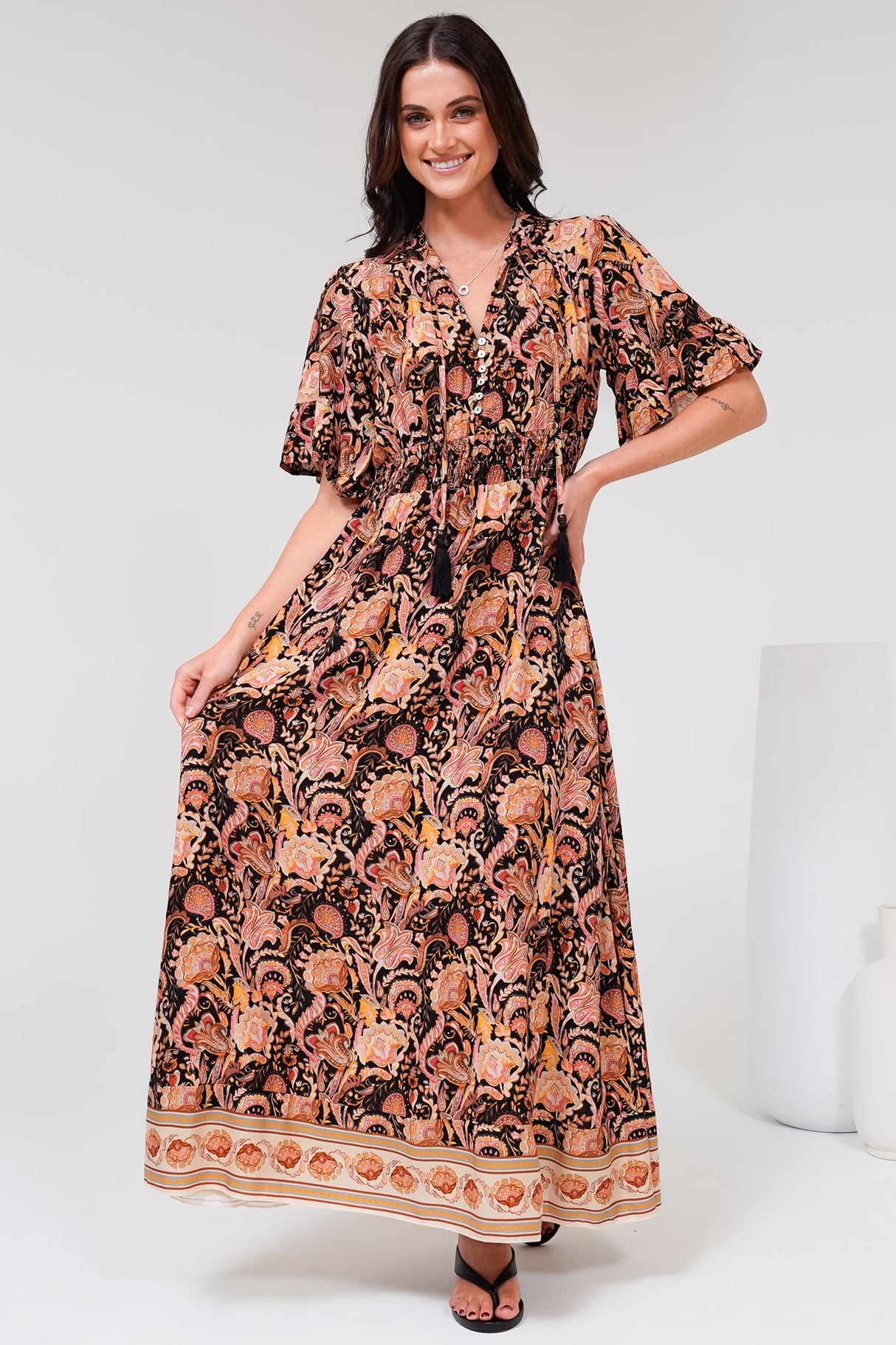 Jemina Maxi Dress - V-Neck Elasticated Waist A-Line Dress in Pree Print Black
