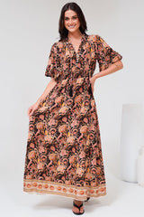 Jemina Maxi Dress - V-Neck Elasticated Waist A-Line Dress in Pree Print Black