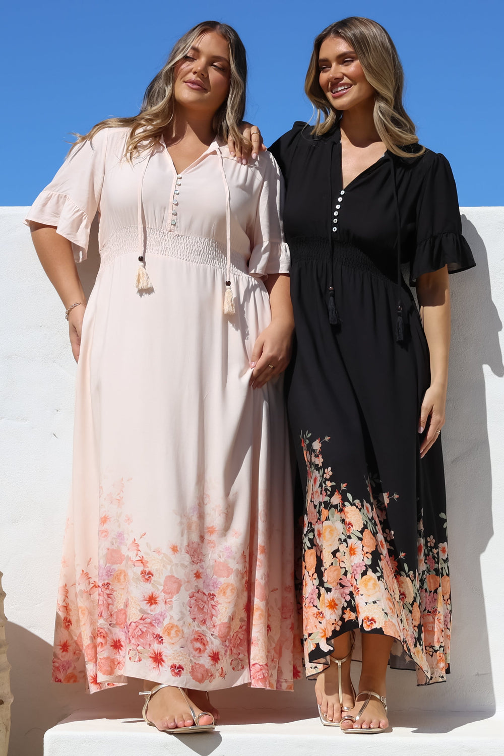 Jemina Maxi Dress - V-Neck Elasticated Waist A-Line Dress in Florence Print Black