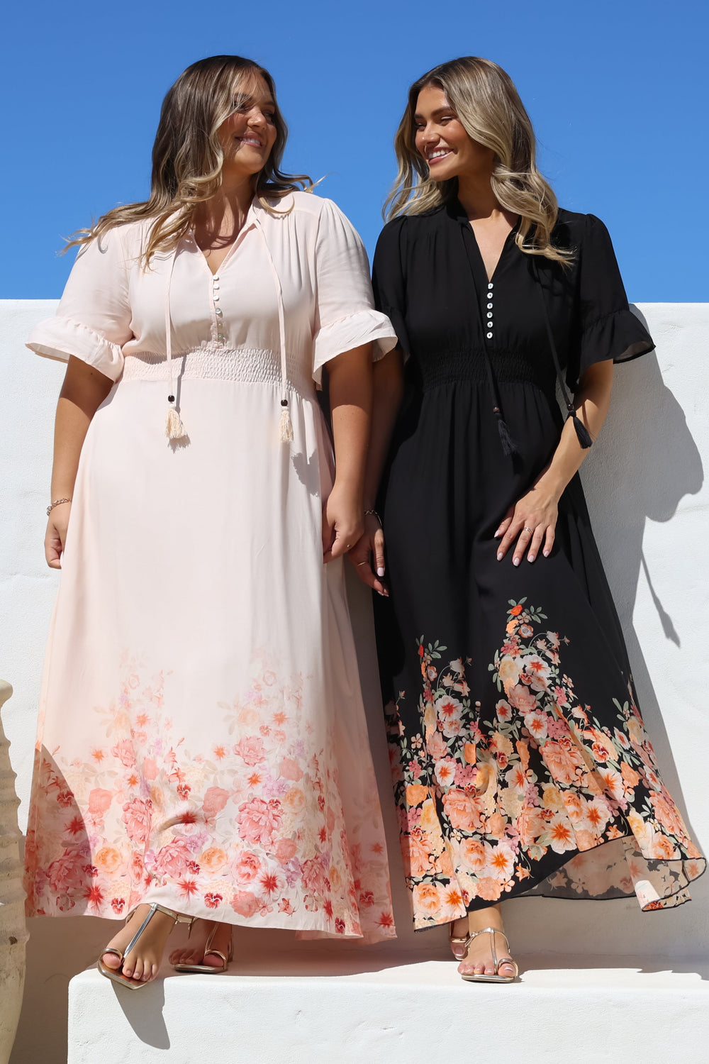 Jemina Maxi Dress - V-Neck Elasticated Waist A-Line Dress in Florence Print Black