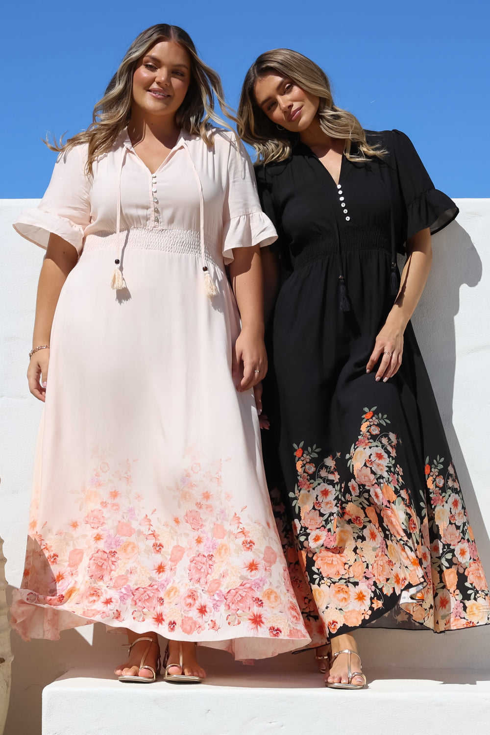 Jemina Maxi Dress - V-Neck Elasticated Waist A-Line Dress in Florence Print Black