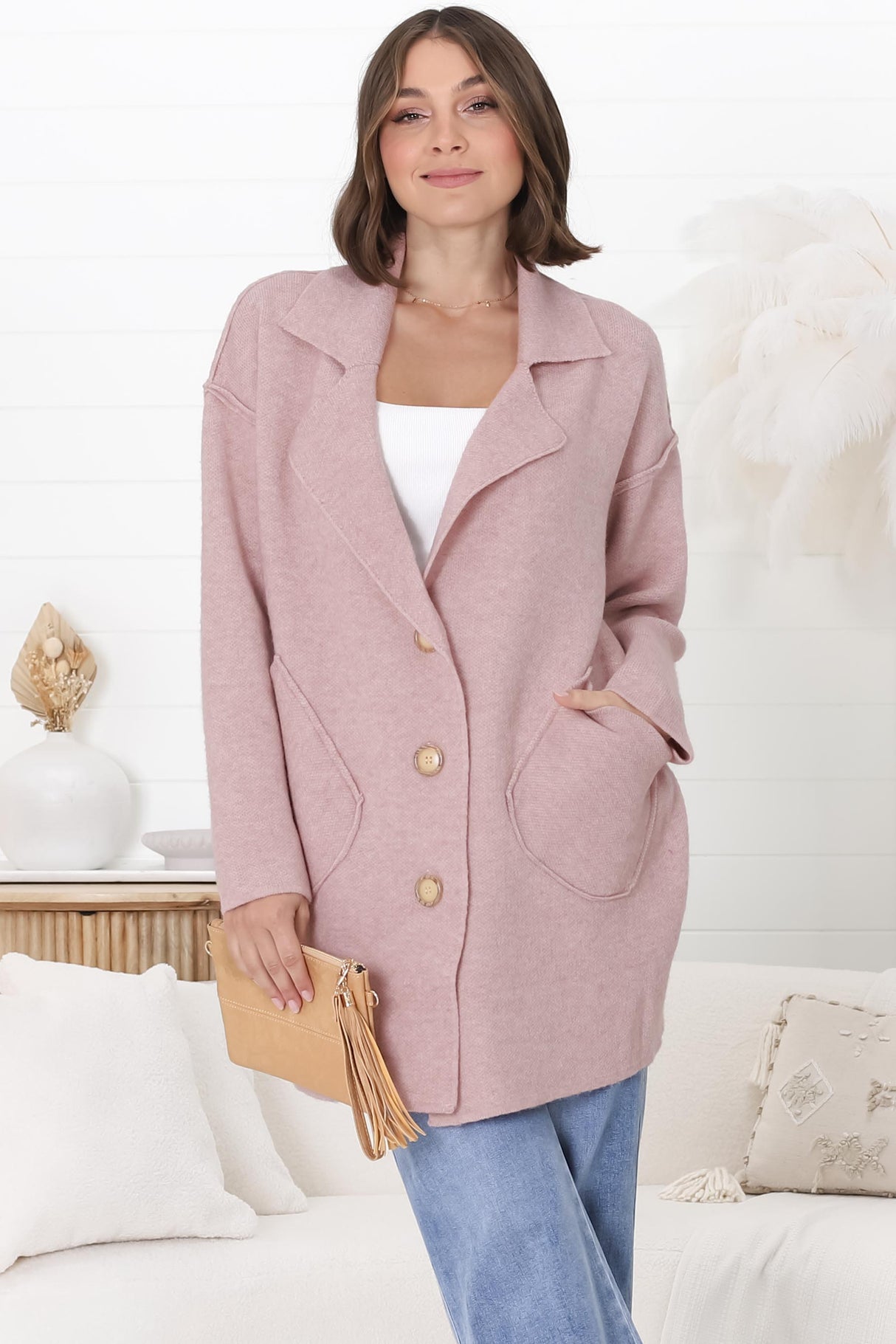 Jemmy Cardigan - Collared Button Down Coatigan in Pink