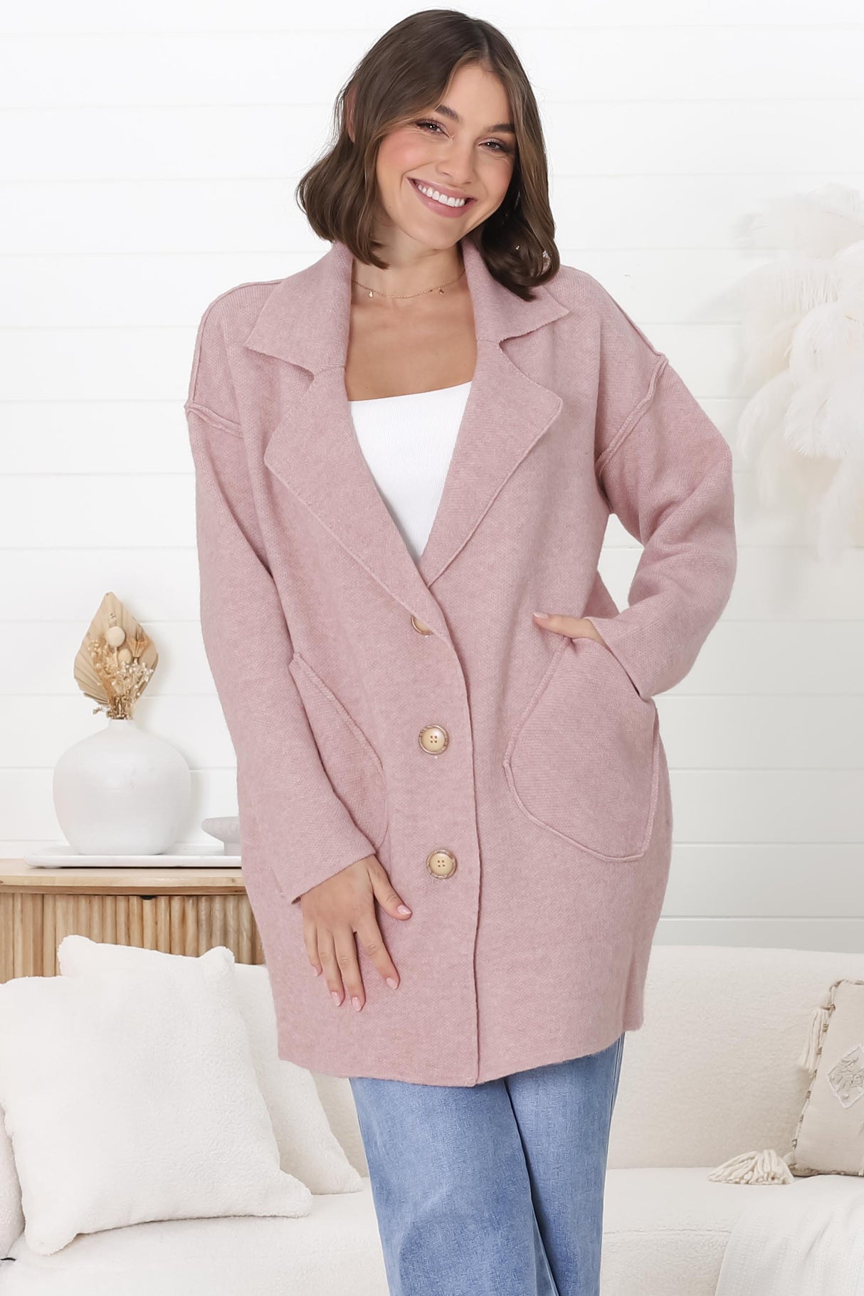 Jemmy Cardigan - Collared Button Down Coatigan in Pink