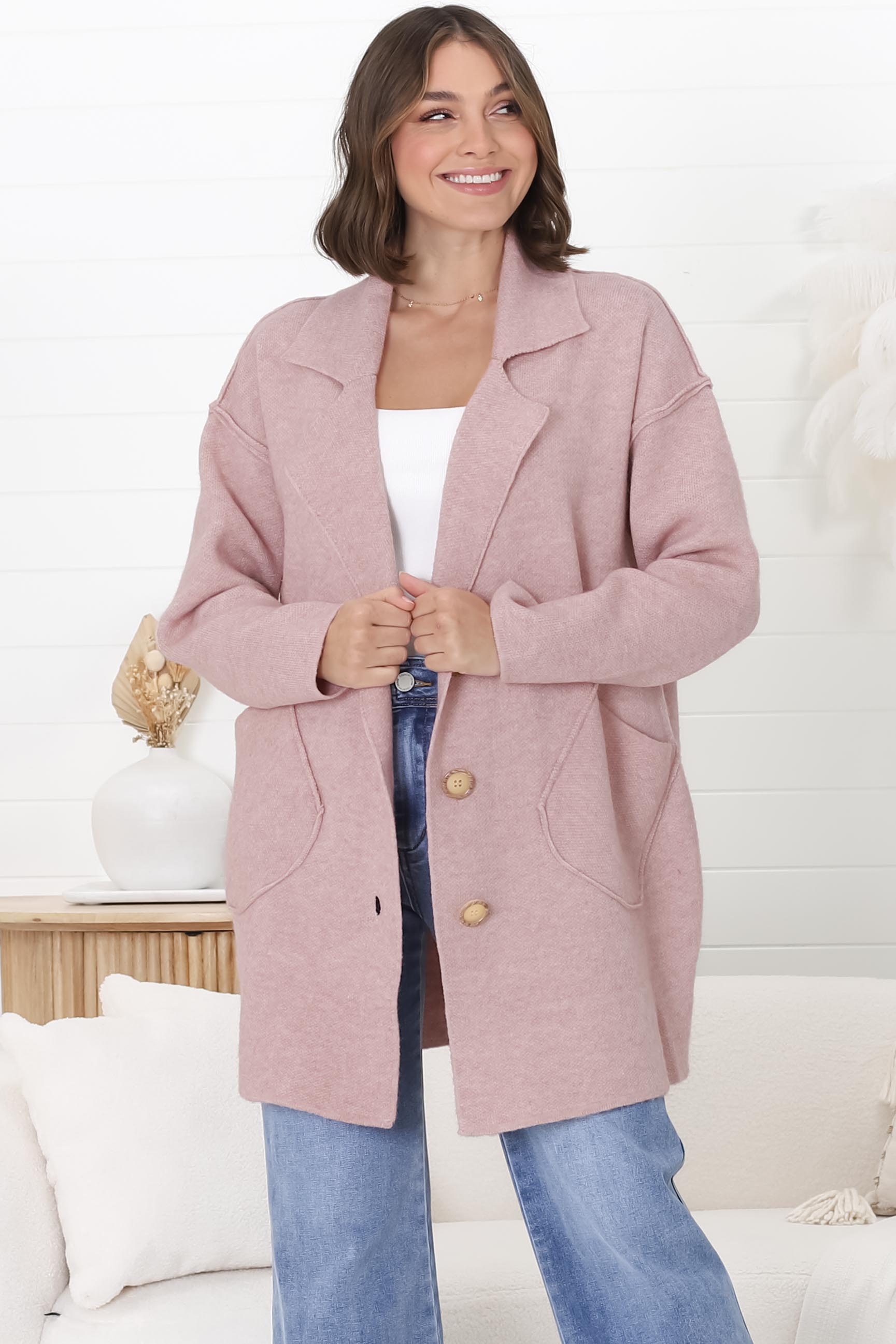 Jemmy Cardigan - Collared Button Down Coatigan in Pink