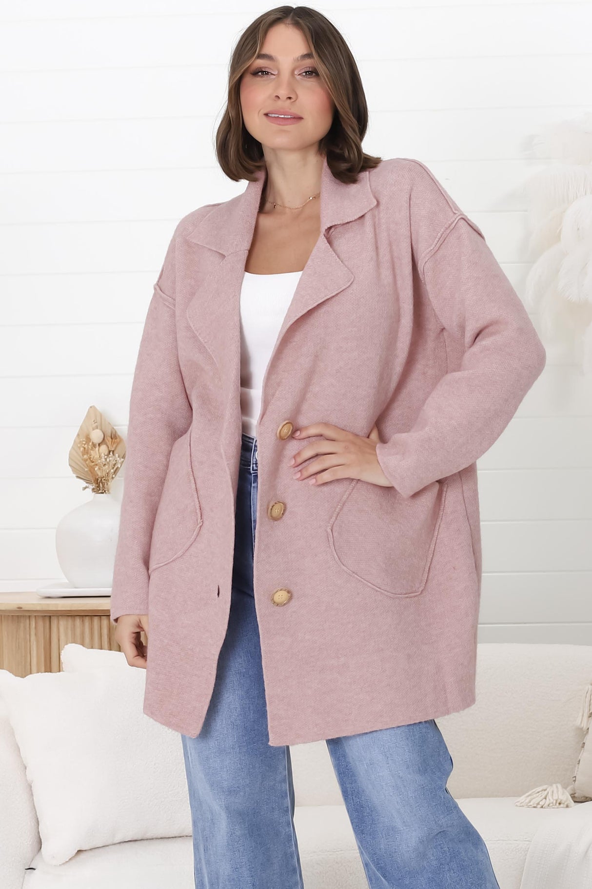 Jemmy Cardigan - Collared Button Down Coatigan in Pink