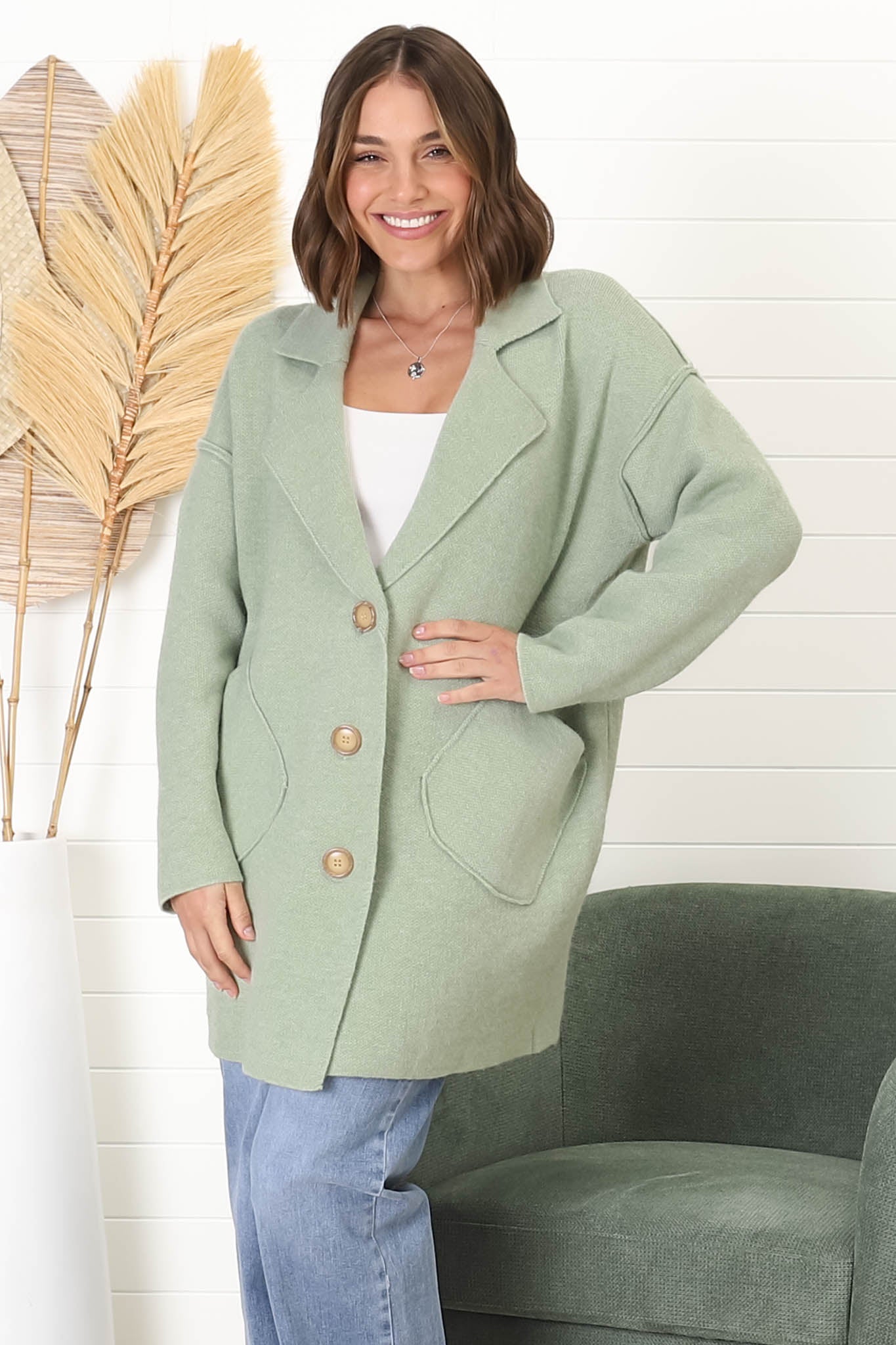 Jemmy Cardigan - Collared Button Down Coatigan in Sage