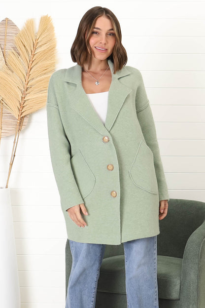 Jemmy Cardigan - Collared Button Down Coatigan in Sage