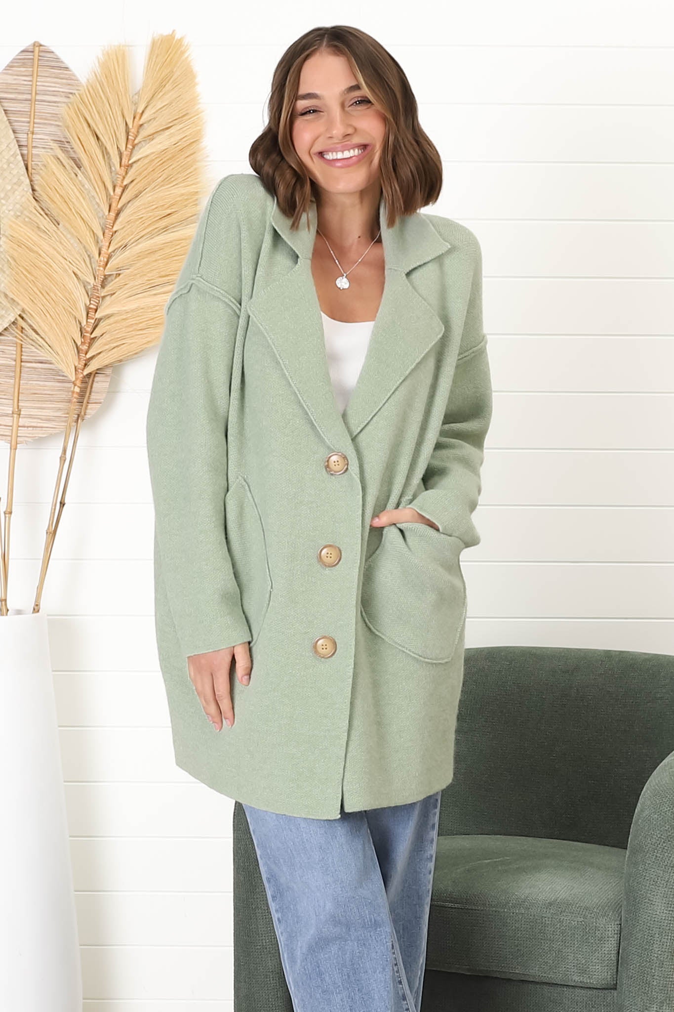 Jemmy Cardigan - Collared Button Down Coatigan in Sage