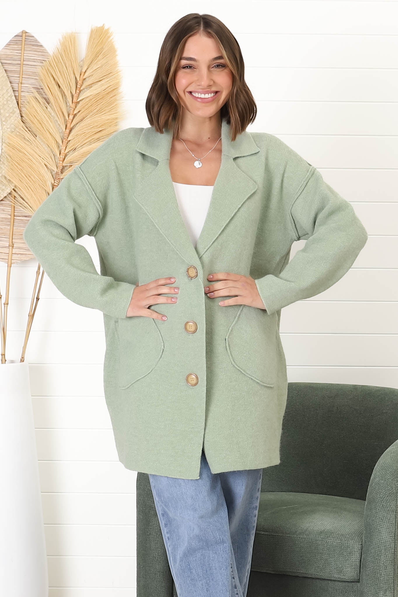 Jemmy Cardigan - Collared Button Down Coatigan in Sage