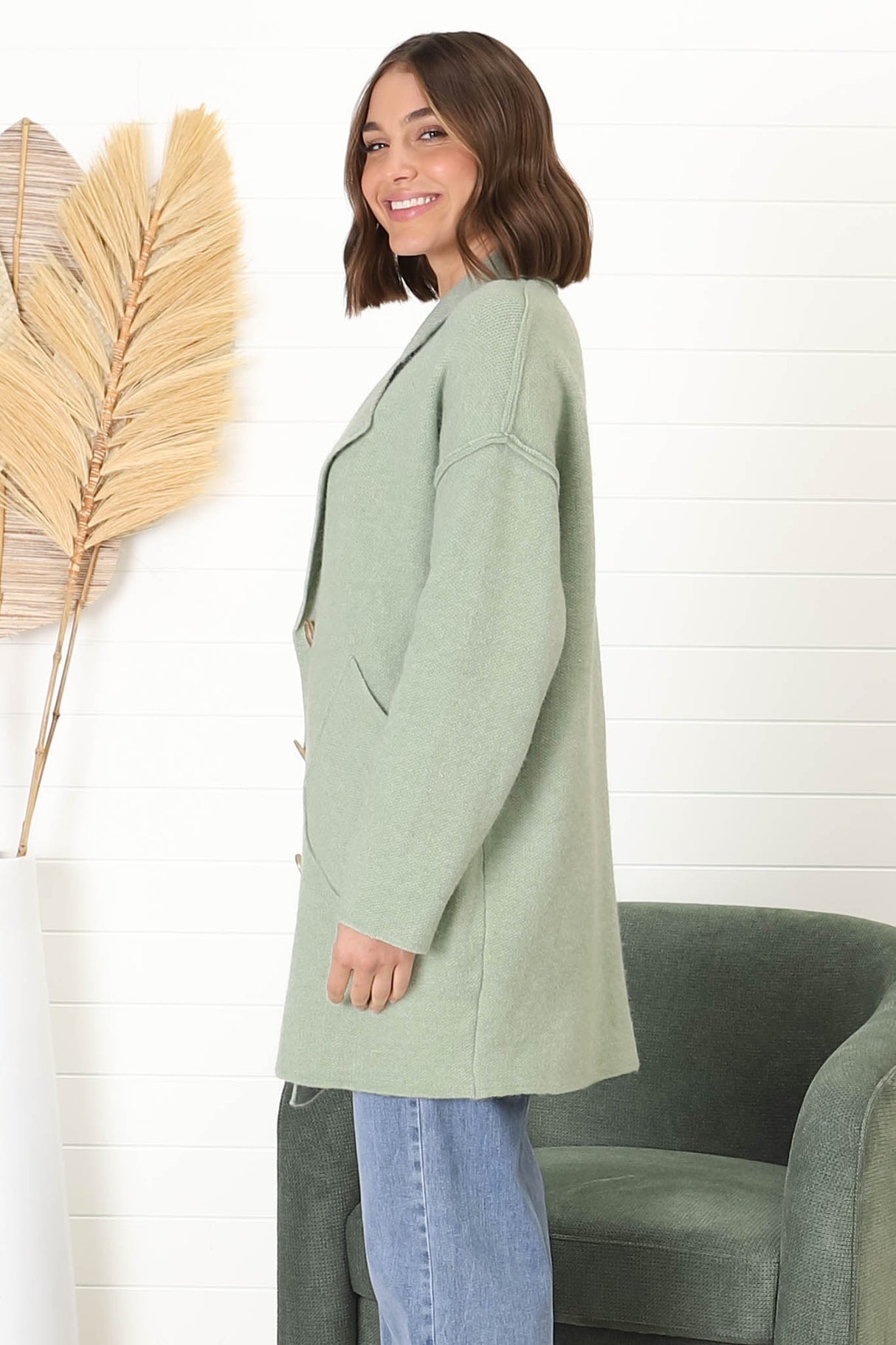 Jemmy Cardigan - Collared Button Down Coatigan in Sage