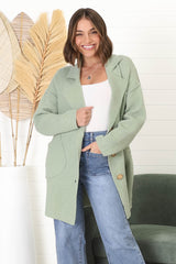 Jemmy Cardigan - Collared Button Down Coatigan in Sage