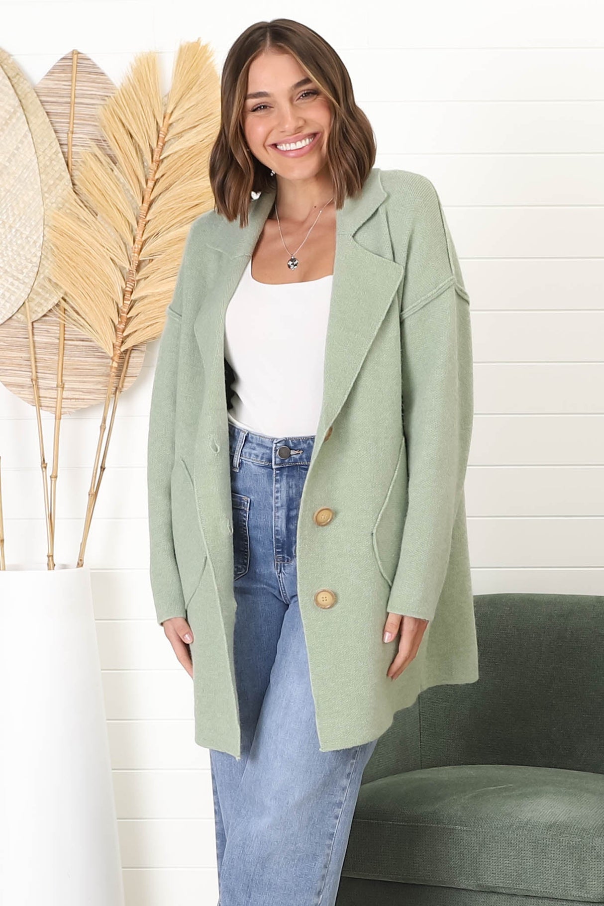 Jemmy Cardigan - Collared Button Down Coatigan in Sage