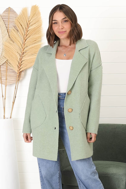 Jemmy Cardigan - Collared Button Down Coatigan in Sage