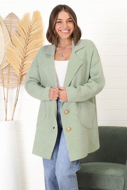 Jemmy Cardigan - Collared Button Down Coatigan in Sage