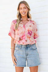 Jennara Blouse - Button Front Blouse with Smocked Yoke Detail and Short Sleeves in Marnie Print
