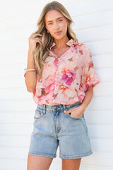 Jennara Blouse - Button Front Blouse with Smocked Yoke Detail and Short Sleeves in Marnie Print