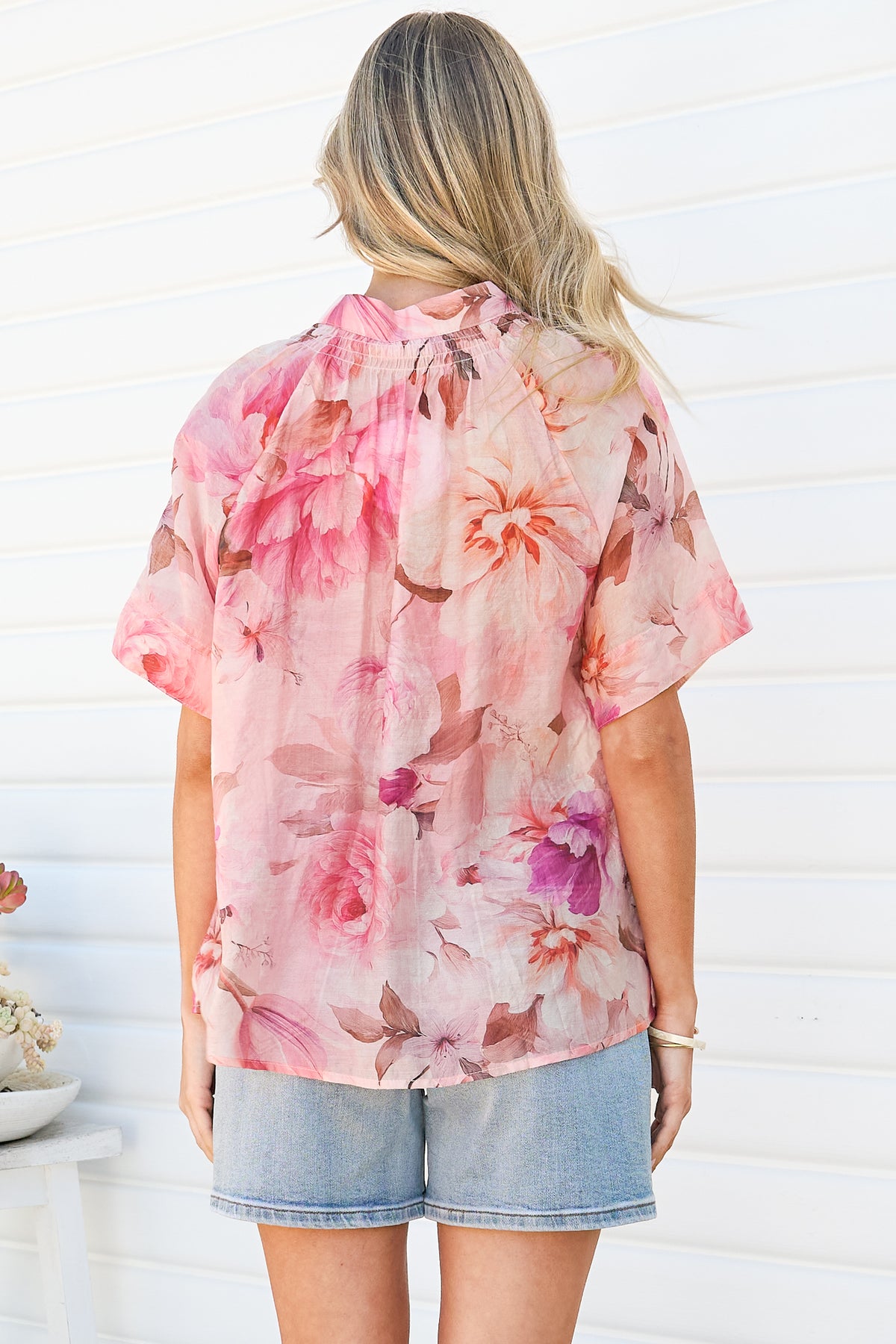 Jennara Blouse - Button Front Blouse with Smocked Yoke Detail and Short Sleeves in Marnie Print