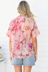 Jennara Blouse - Button Front Blouse with Smocked Yoke Detail and Short Sleeves in Marnie Print