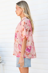 Jennara Blouse - Button Front Blouse with Smocked Yoke Detail and Short Sleeves in Marnie Print
