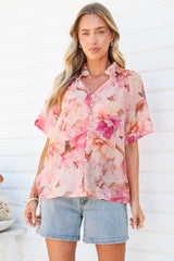 Jennara Blouse - Button Front Blouse with Smocked Yoke Detail and Short Sleeves in Marnie Print