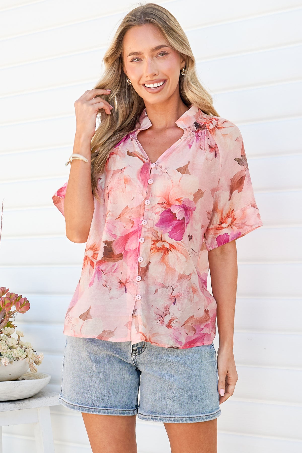 Jennara Blouse - Button Front Blouse with Smocked Yoke Detail and Short Sleeves in Marnie Print