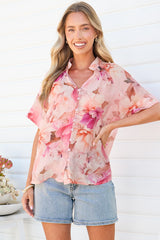 Jennara Blouse - Button Front Blouse with Smocked Yoke Detail and Short Sleeves in Marnie Print
