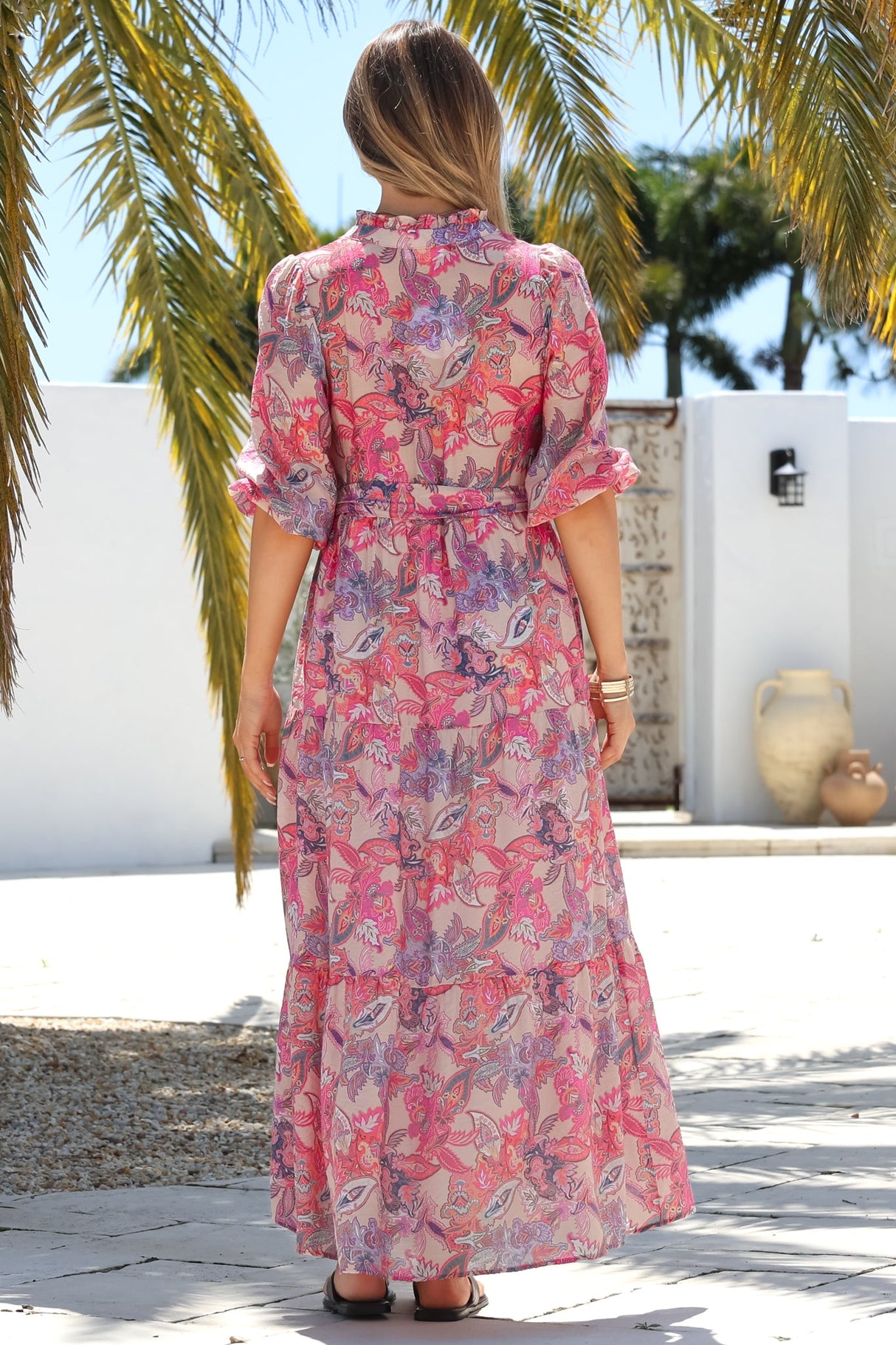 Jenni Maxi Dress - Frill Collar 3/4 Sleeve Dress with Waist Tie in Hopewell Print Pink